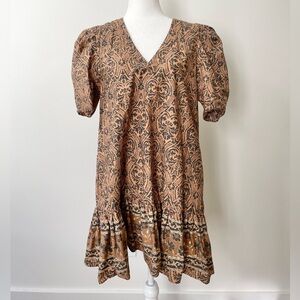 Women's V-Neck Puff Sleeve Brown Printed Dress
